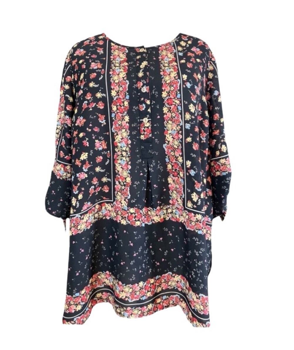 Roz & Ali Women's Black w/ Floral Round Neck 3/4 Tie Sleeve Pullover Top SZ 2X